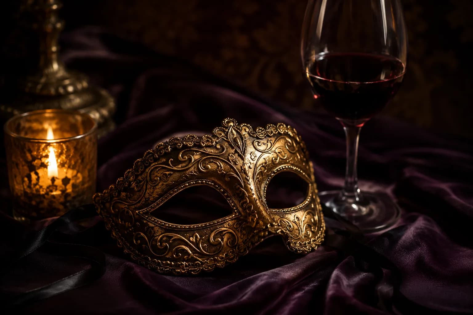 A gold masquerade mask resting on plum velvet