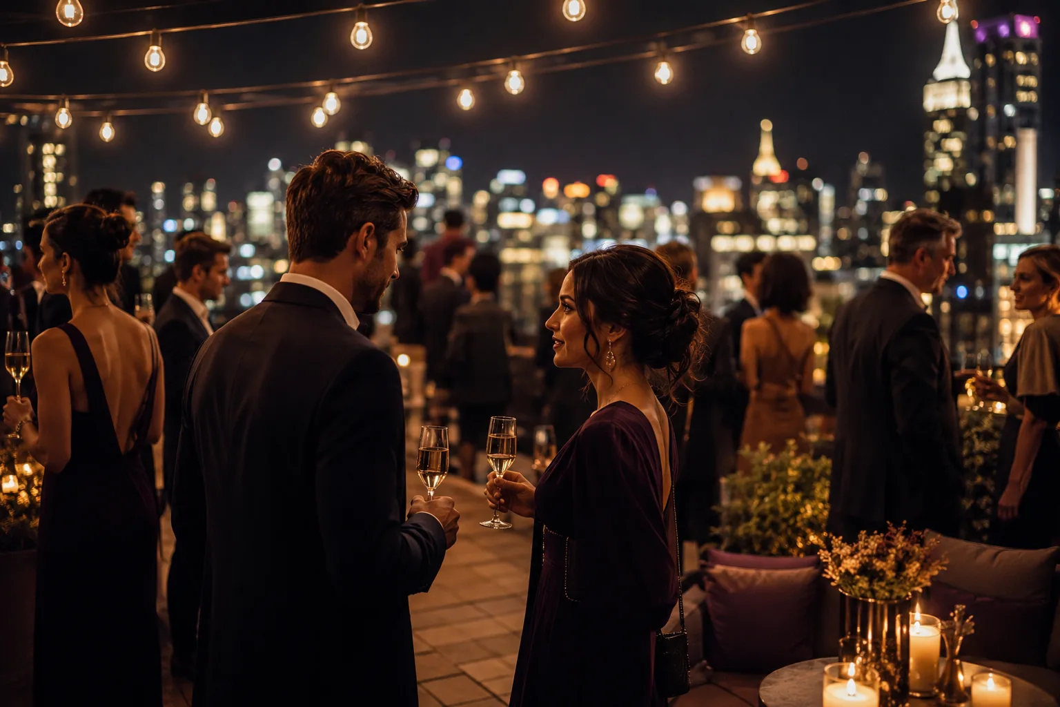 An upscale rooftop soirée at dusk — champagne, skyline, candlelight